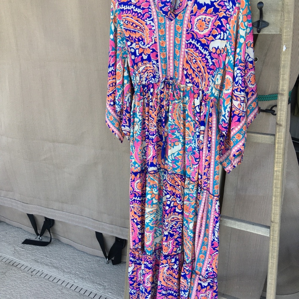 Me 2 Magic Multicolor Earthy Free Spirit Maxi Dress Kerchief Sleeve SZ S